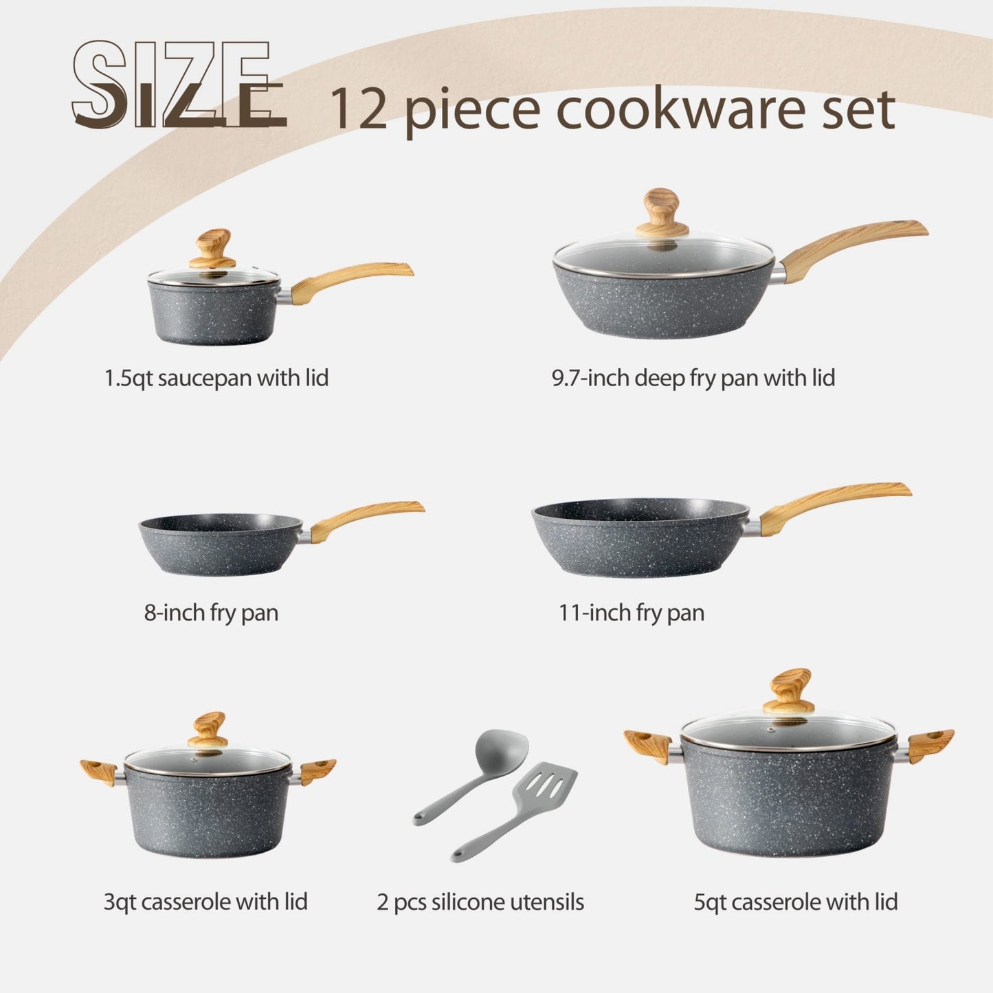 Kitchen Academy 12 Pieces Granite-Coating Nonstick Induction Cookware Set