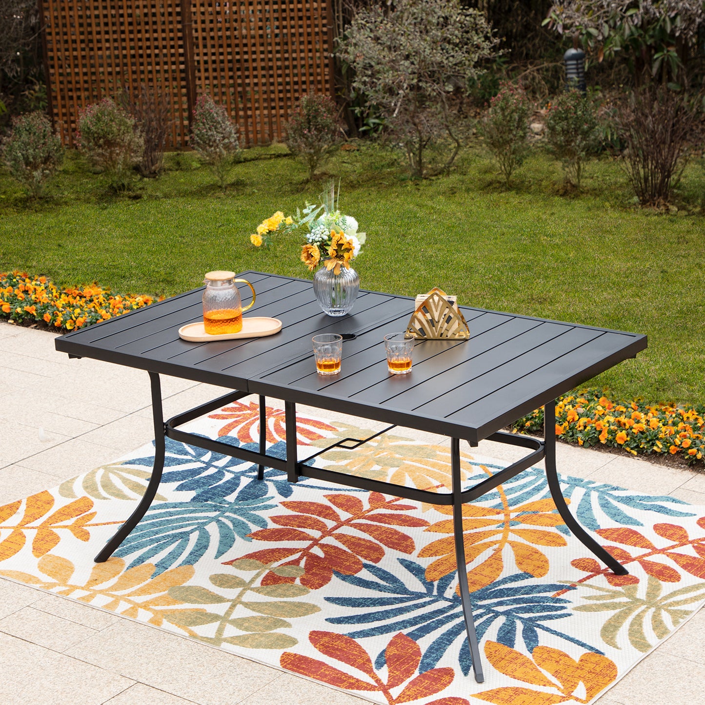PHI VILLA Panel Steel Rectangle Outdoor Dining Table for 6 Chairs