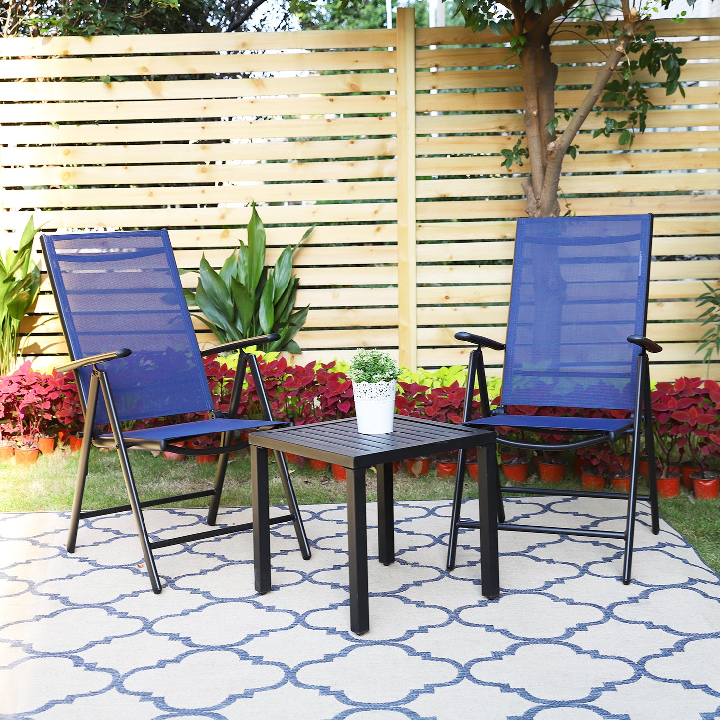 Phi Villa 3-Piece Garden Bistro Set Small Square Side Table & 2 Textilene Reclining Foldable Chairs