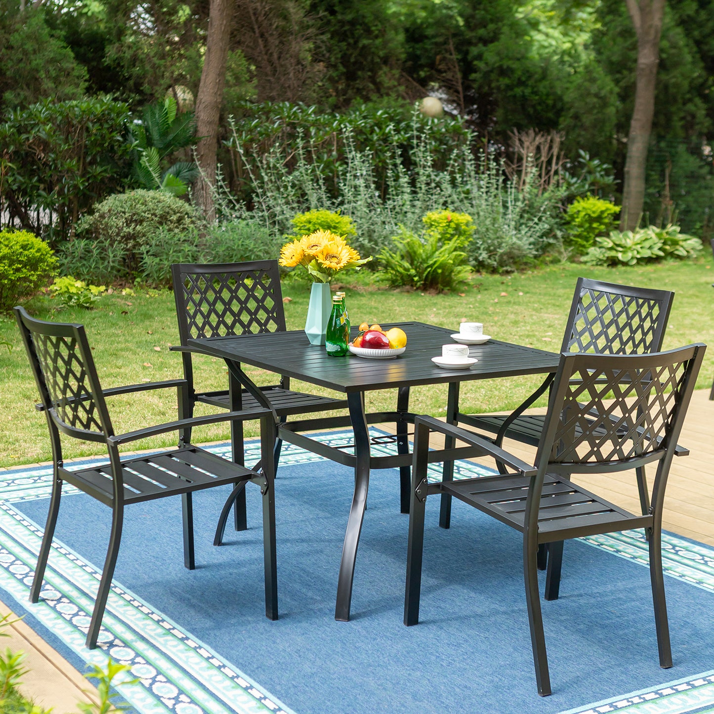 PHI VILLA Garden Dining Set 4 Seater Outdoor Dining Table And Stackable Garden Chairs