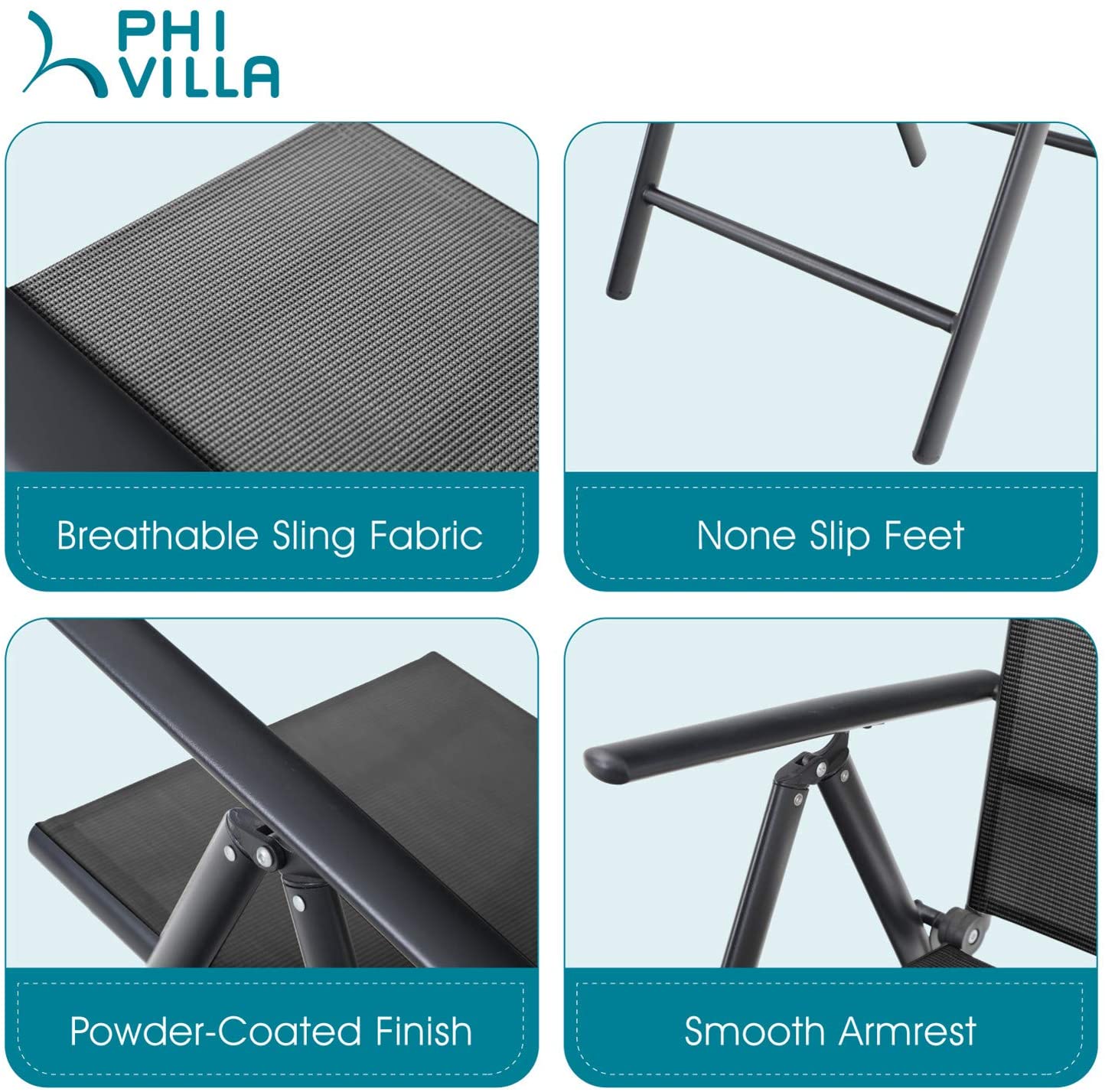 Phi Villa 3-Piece Garden Bistro Set Small Square Side Table & 2 Textilene Reclining Foldable Chairs