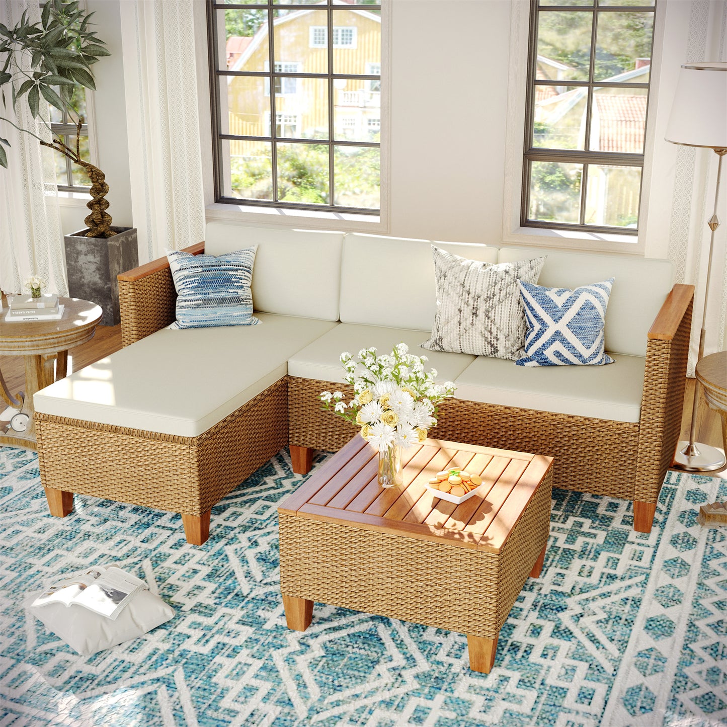 Boho Style Outdoor Wicker Conversation Sofa set with Acacia Wood Coffee Table - Phi Villa