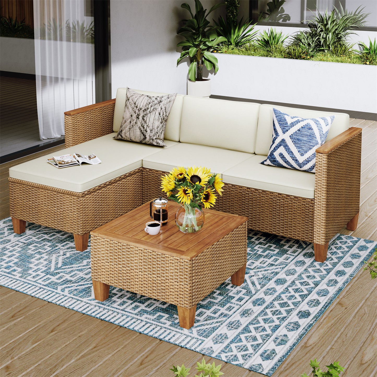 Boho Style Outdoor Wicker Conversation Sofa set with Acacia Wood Coffee Table - Phi Villa