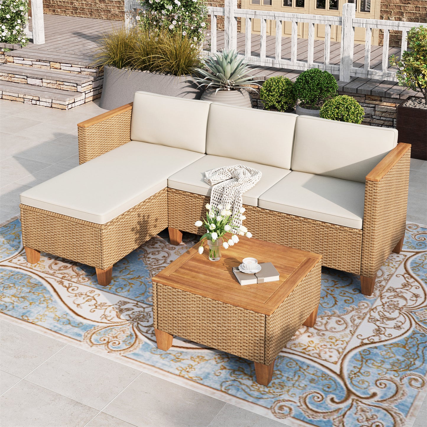 Boho Style Outdoor Wicker Conversation Sofa set with Acacia Wood Coffee Table - Phi Villa