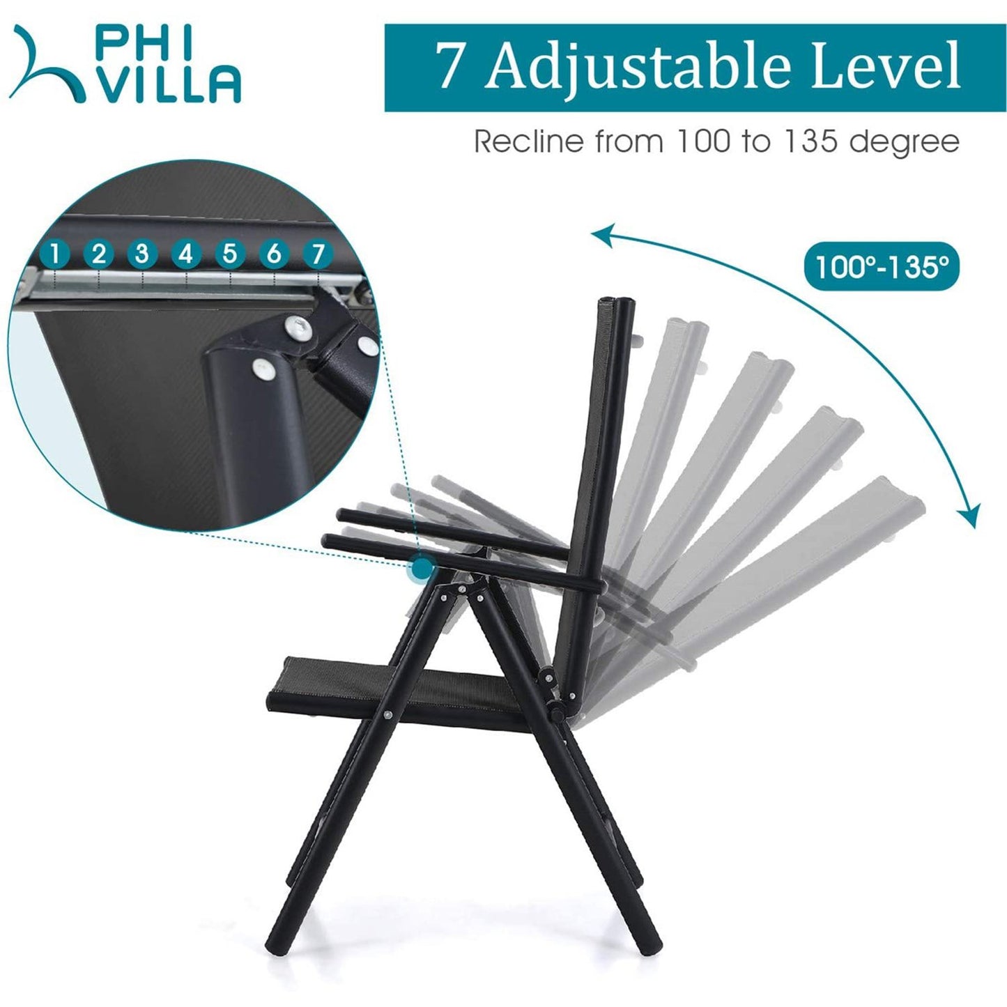 Phi Villa 3-Piece Garden Bistro Set Small Square Side Table & 2 Textilene Reclining Foldable Chairs