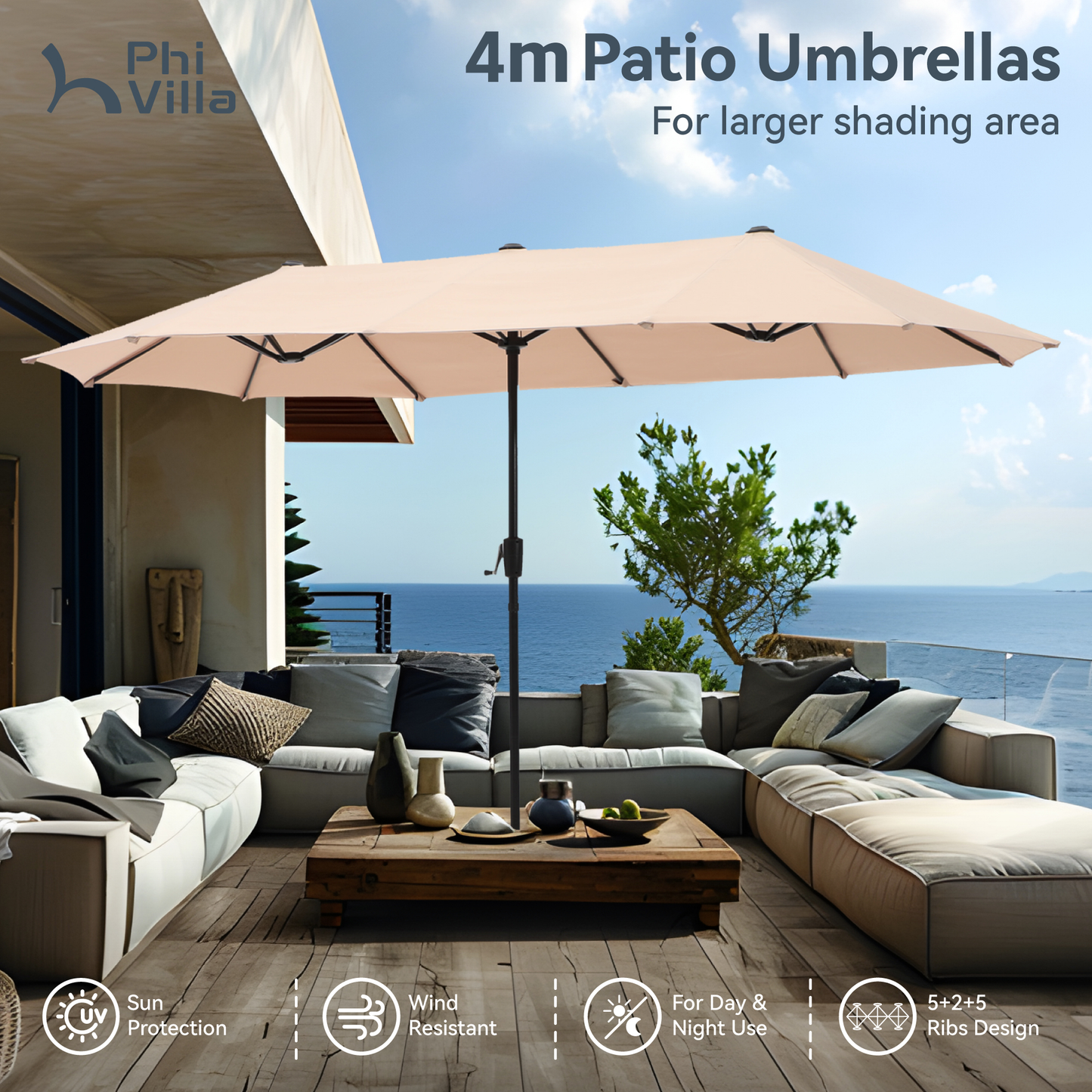 PHI VILLA 4m Large Double-Sided Outdoor Patio Umbrella