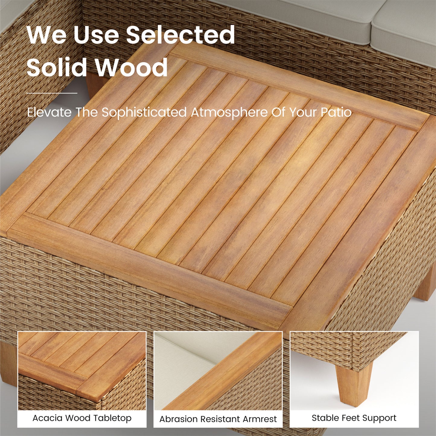 Boho Style Outdoor Wicker Conversation Sofa set with Acacia Wood Coffee Table - Phi Villa