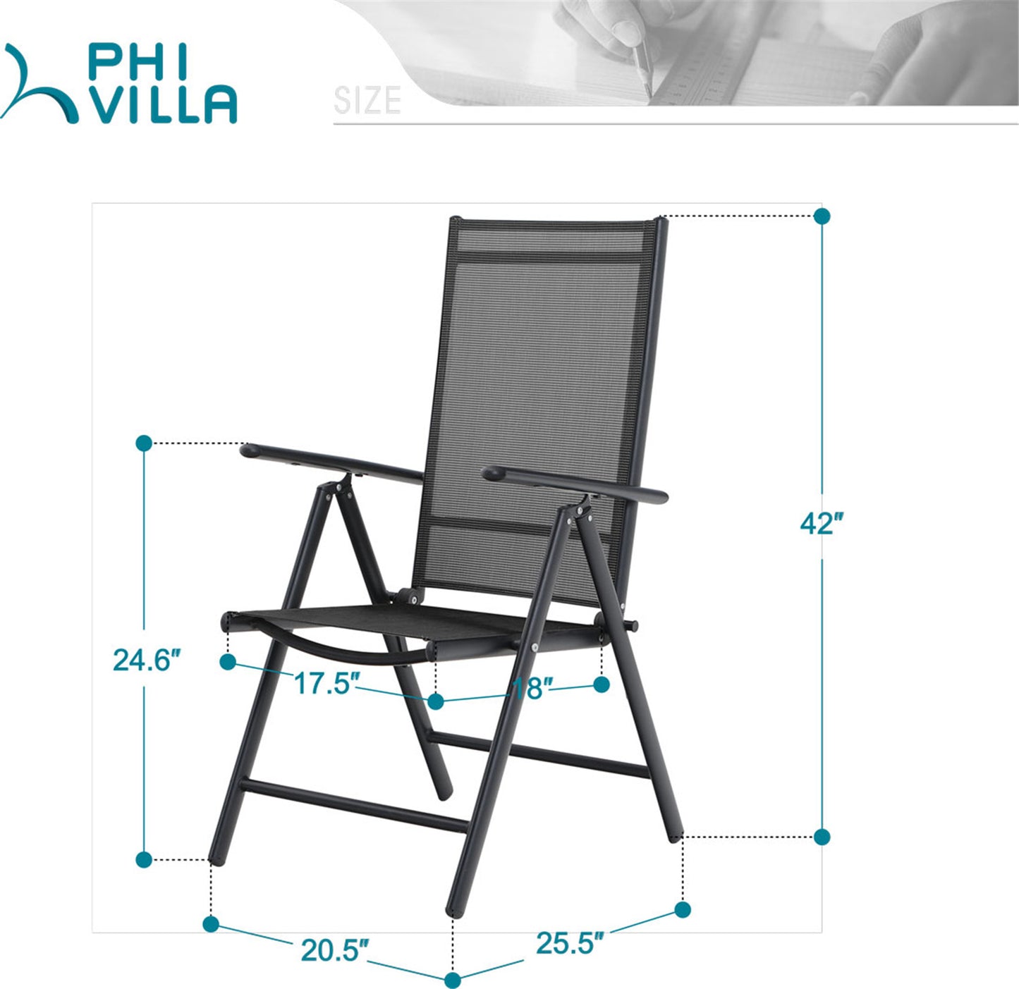 Phi Villa 3-Piece Garden Bistro Set Small Square Side Table & 2 Textilene Reclining Foldable Chairs
