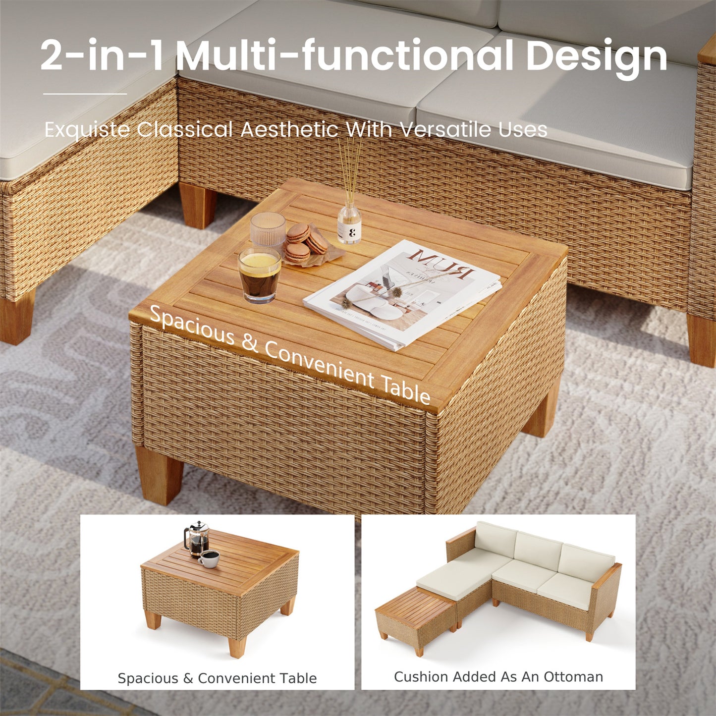 Boho Style Outdoor Wicker Conversation Sofa set with Acacia Wood Coffee Table - Phi Villa