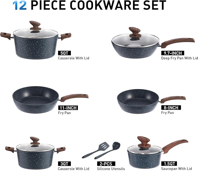 Kitchen Academy 12 Pieces Granite-Coating Nonstick Induction Cookware Set