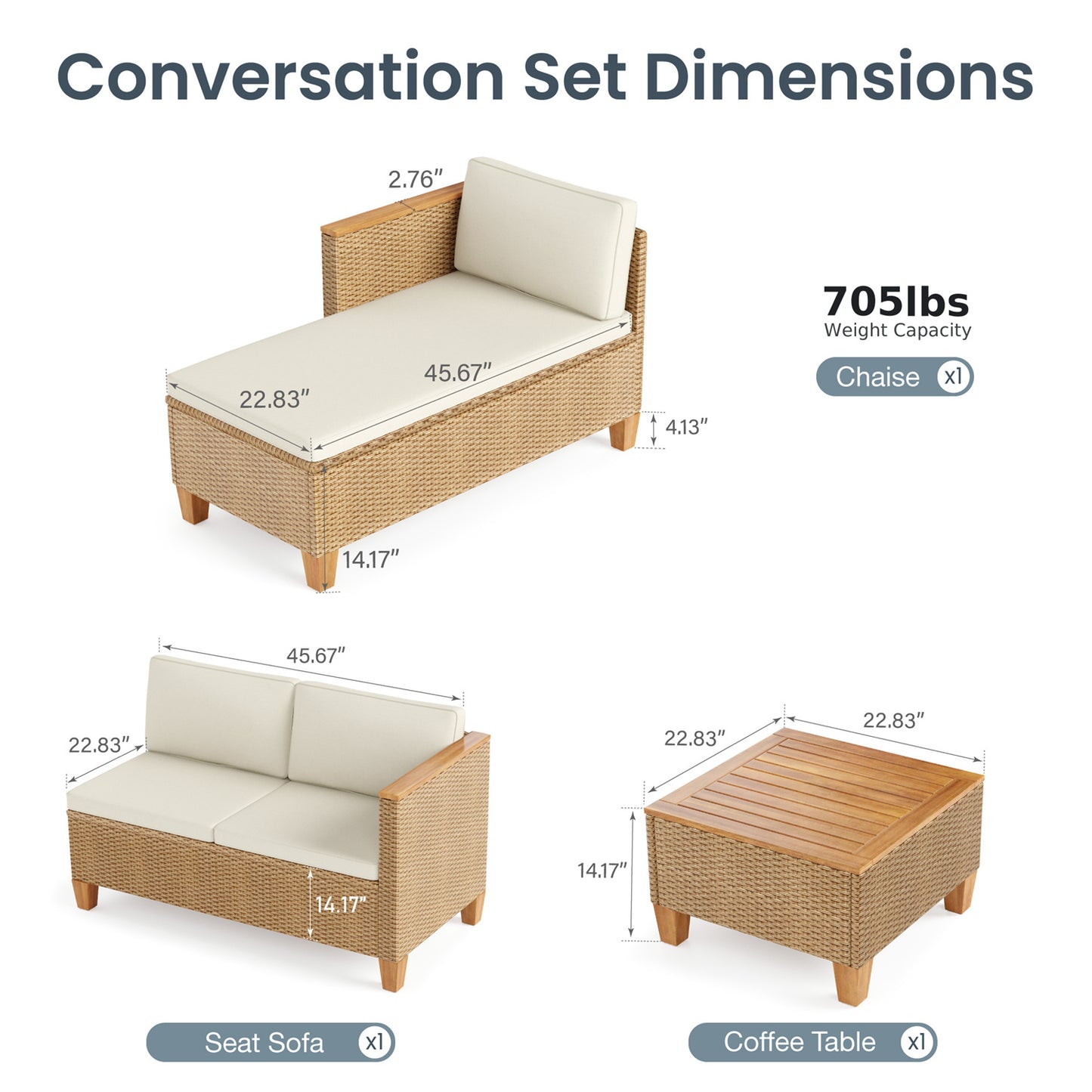 Boho Style Outdoor Wicker Conversation Sofa set with Acacia Wood Coffee Table - Phi Villa
