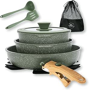 Kitchen Academy Granite-Coating 8 Pieces Nonstick Pots and Pans Set with Removable Handle
