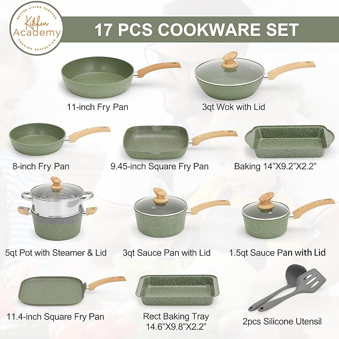 Induction Nonstick Granite-Coating 17 Piece Cookware Set,Kitchen Academy