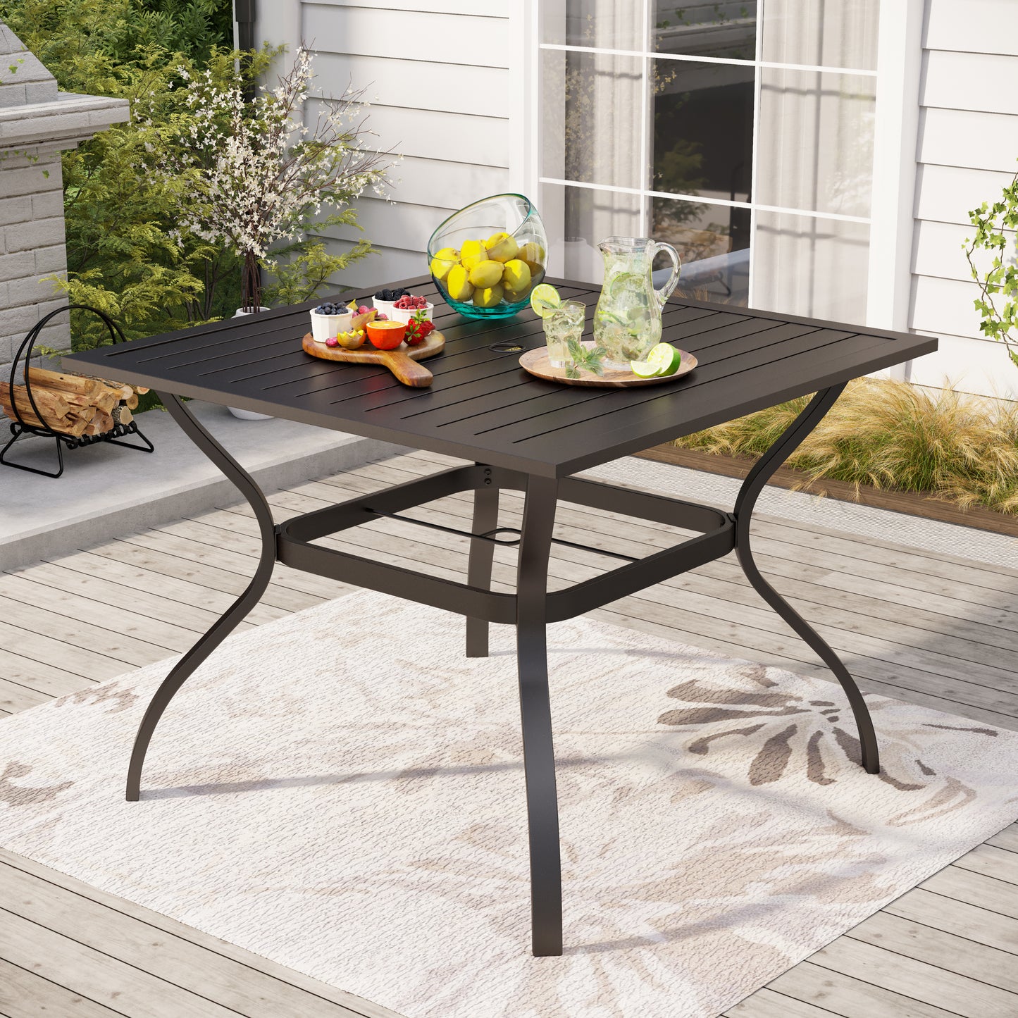 Phi Villa 37" Metal Steel Slat Patio Table with Umbrella Hole