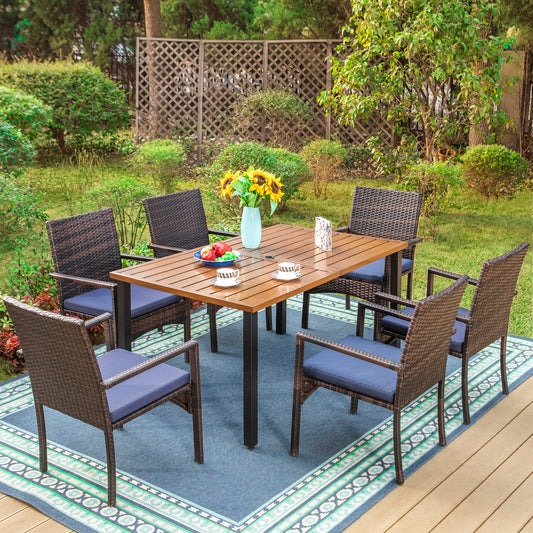 Garden Dining Set 6 Seater Teak-Grain Garden Table And Rattan Chairs