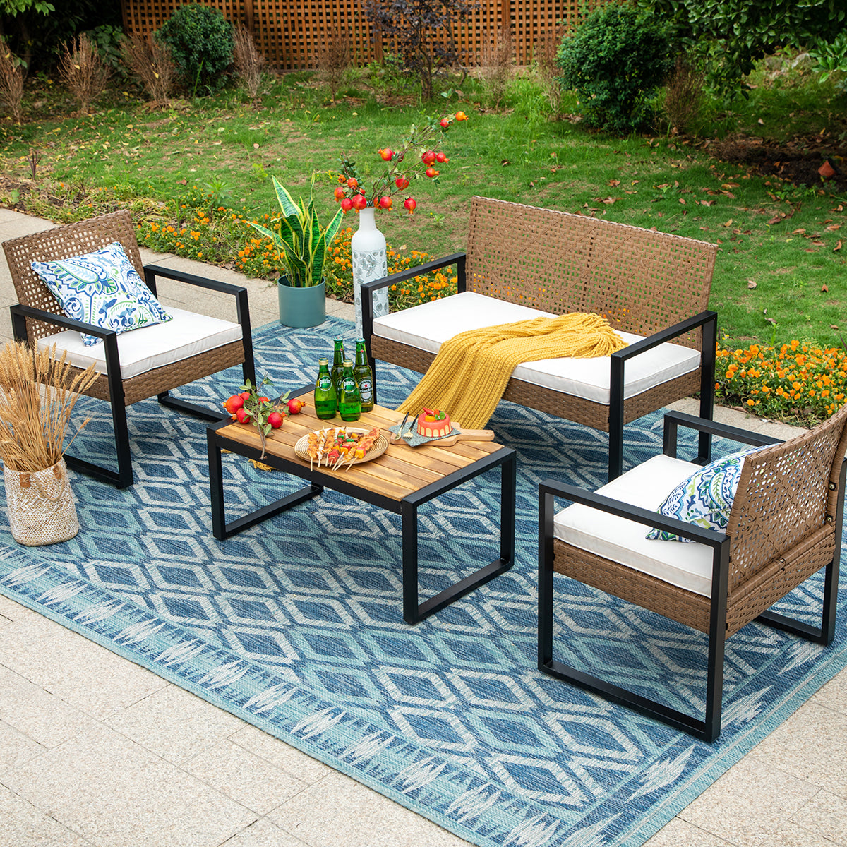 PHI VILLA 4-Piece Contemporary Rattan-wood Patio Conversation Set