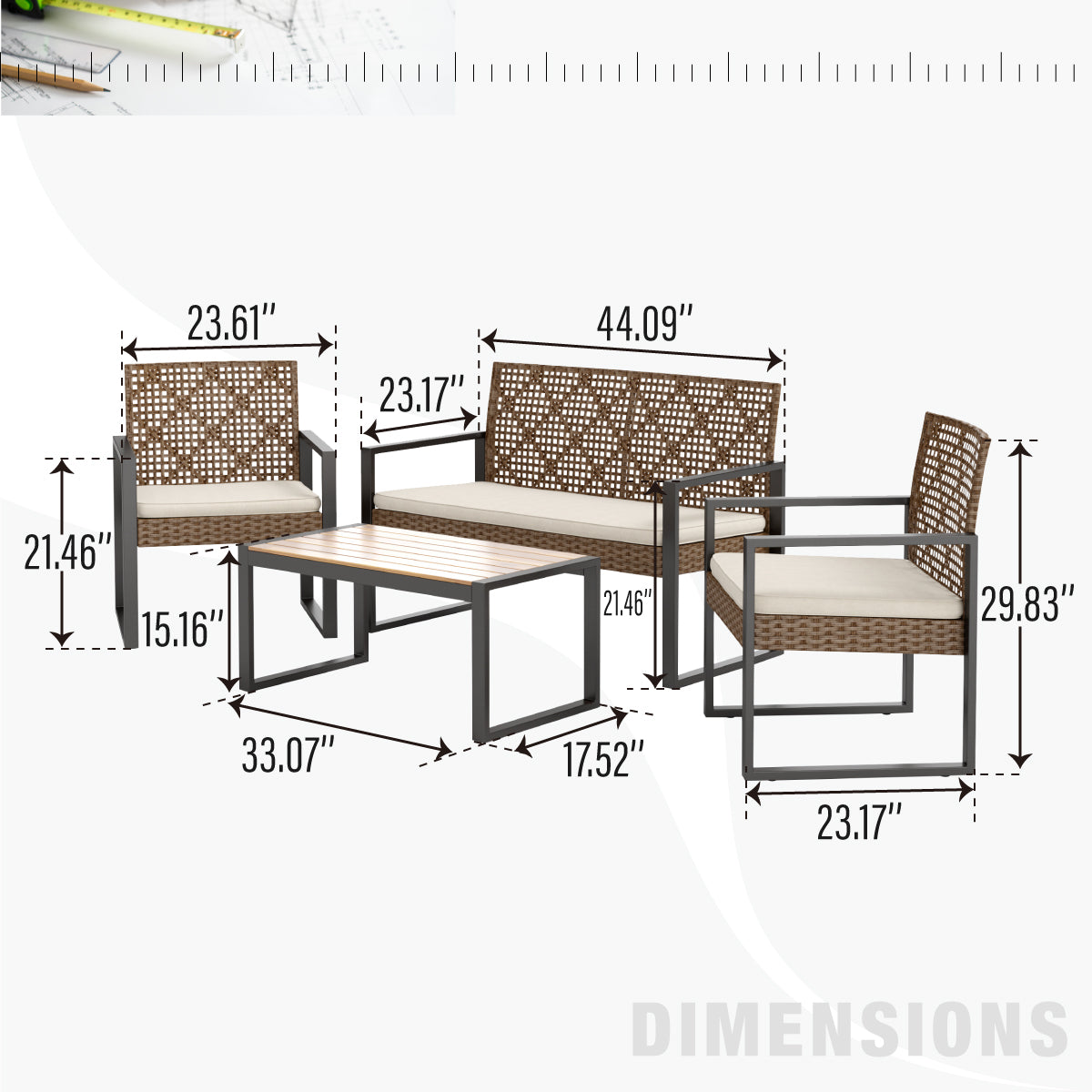 PHI VILLA 4-Piece Contemporary Rattan-wood Patio Conversation Set