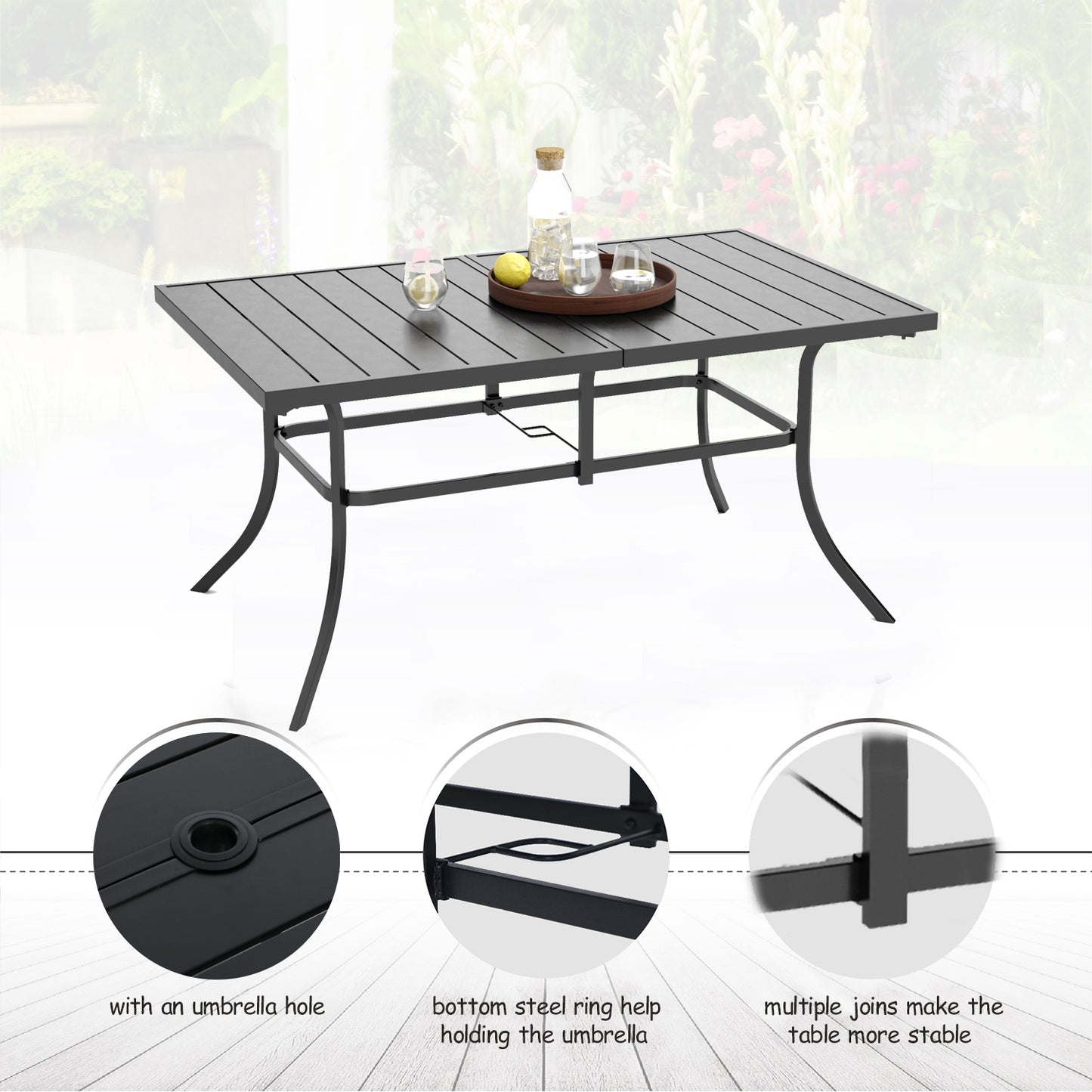PHI VILLA Panel Steel Rectangle Outdoor Dining Table for 6 Chairs