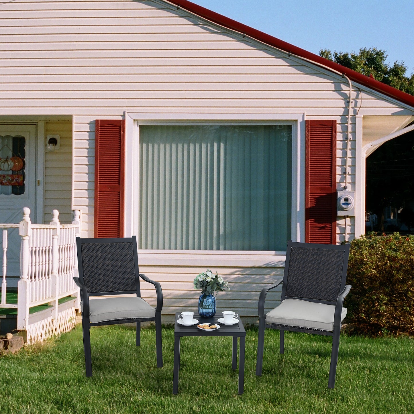PHI VILLA 3-Piece Garden Bistro Set Rattan Dining Chairs & Small Square Side Table