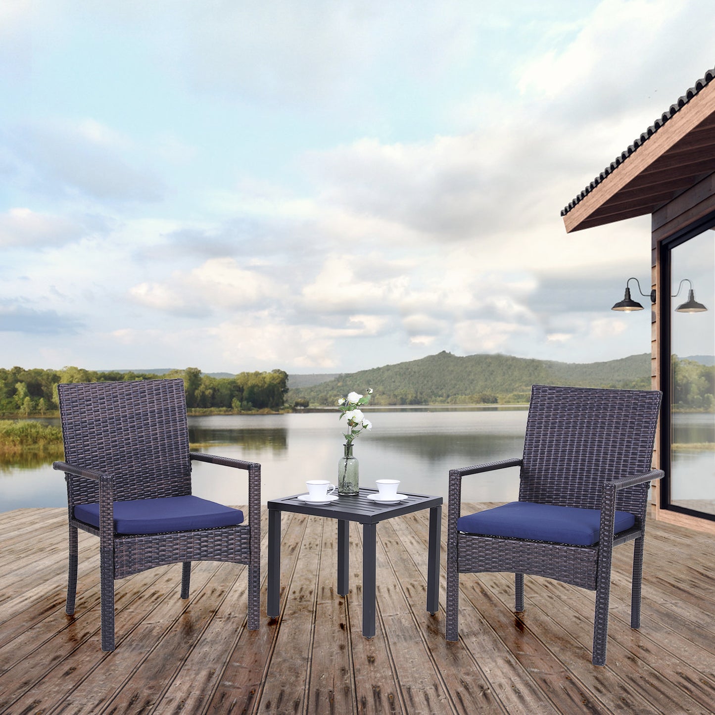 PHI VILLA 3-Piece Garden Bistro Set Rattan Dining Chairs & Small Square Side Table
