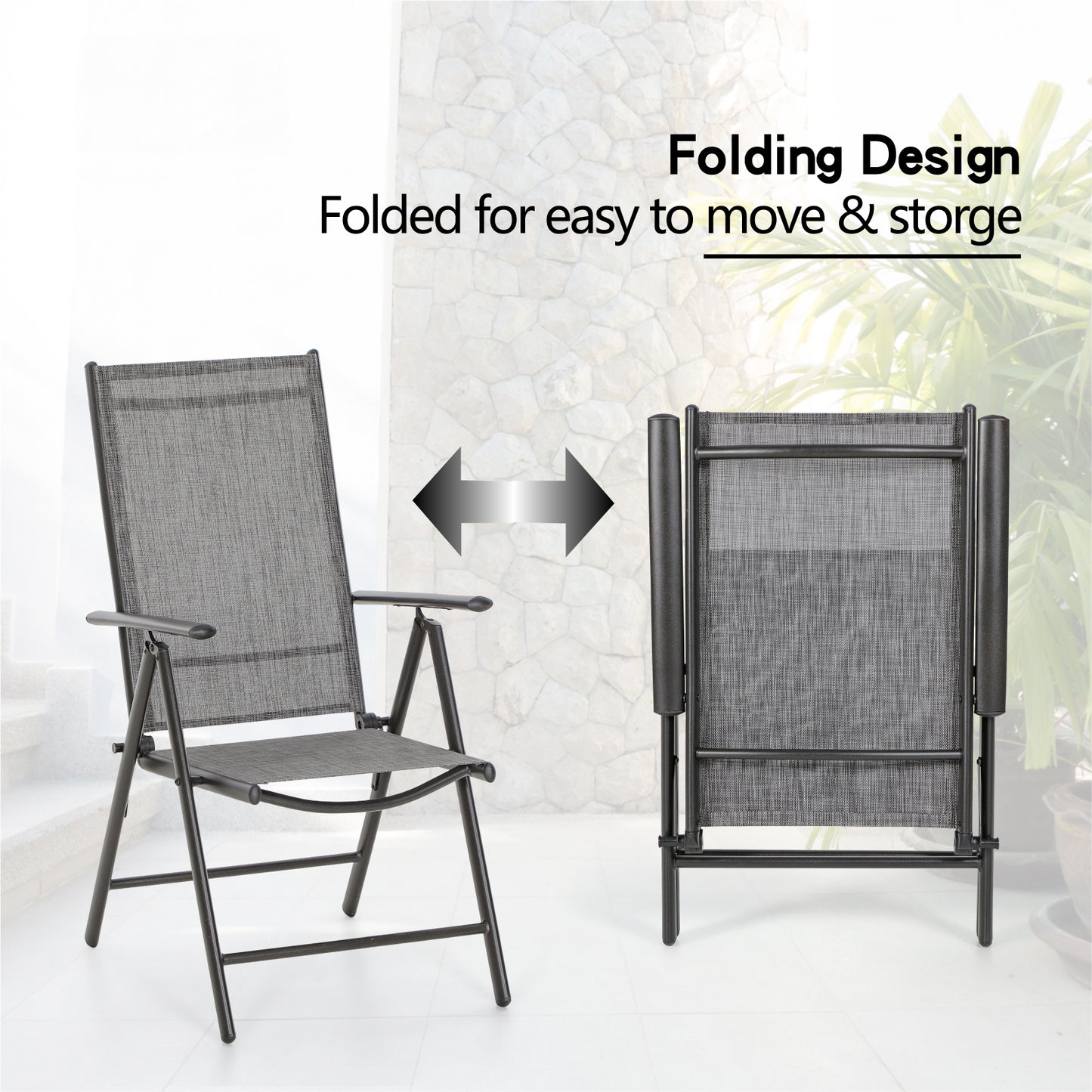 Phi Villa 3-Piece Garden Bistro Set Small Square Side Table & 2 Textilene Reclining Foldable Chairs