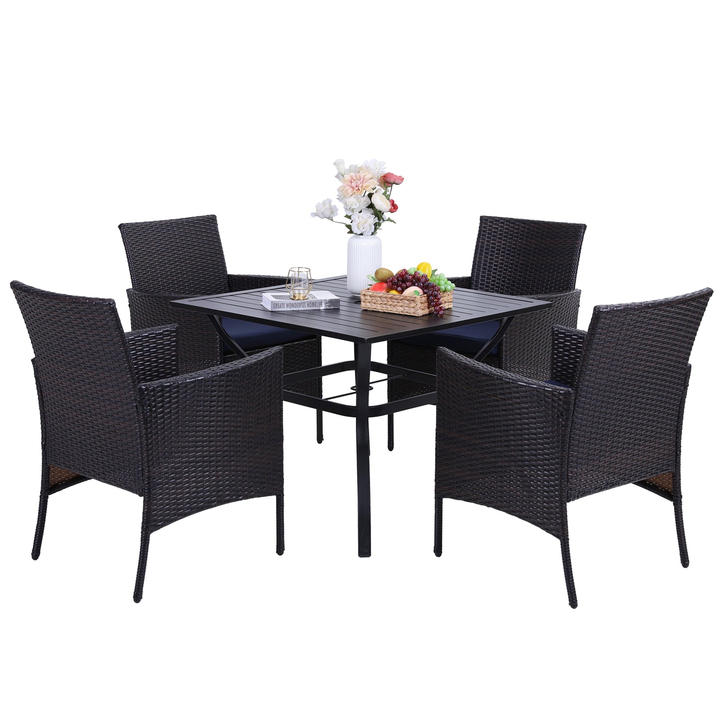 Garden Dining Set 4 Seater Metal Table and Cushioned Wicker Chairs