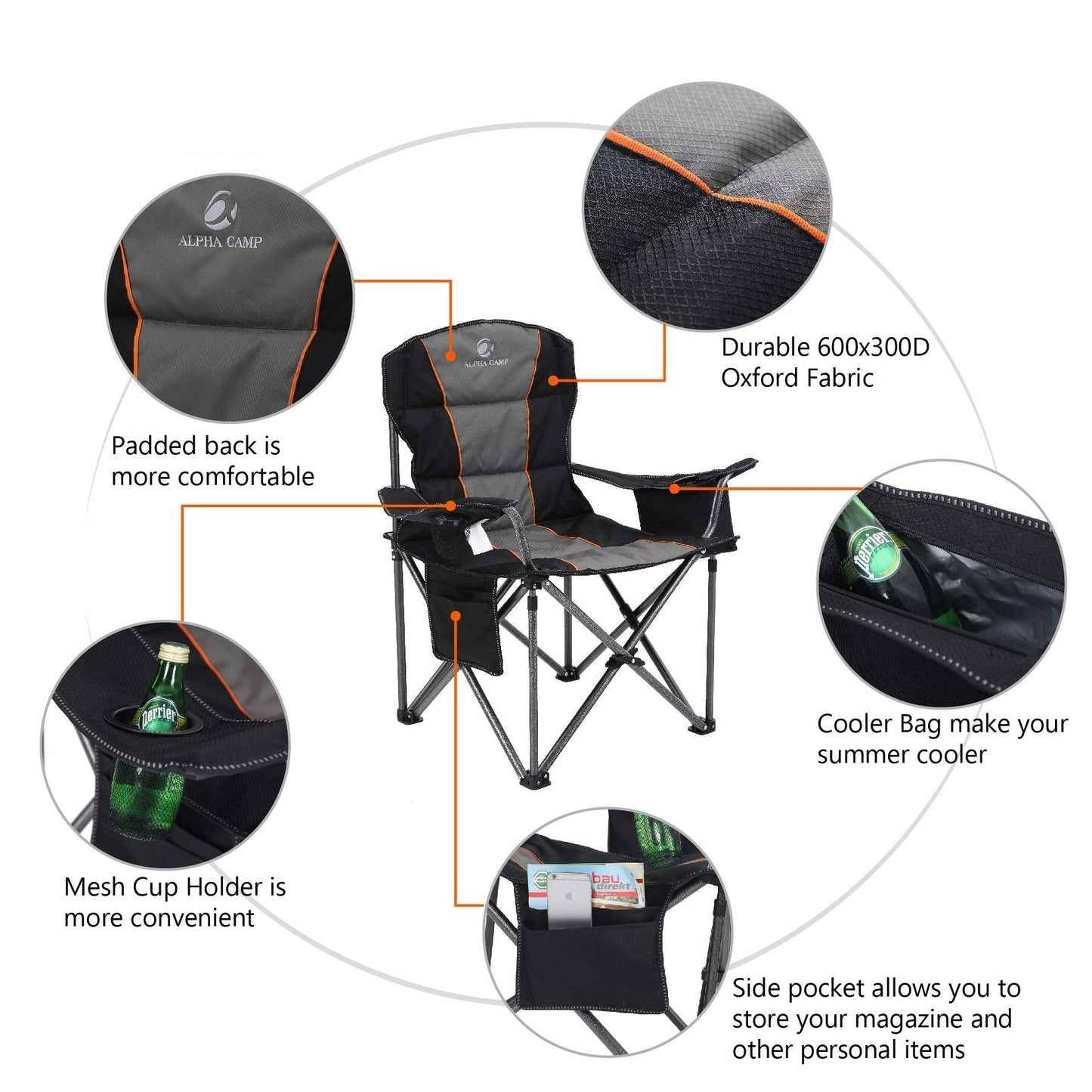 ALPHA CAMP Oversized Portable Folding Camping Chair with Cooler Bag, 200 kg Weight Capacity
