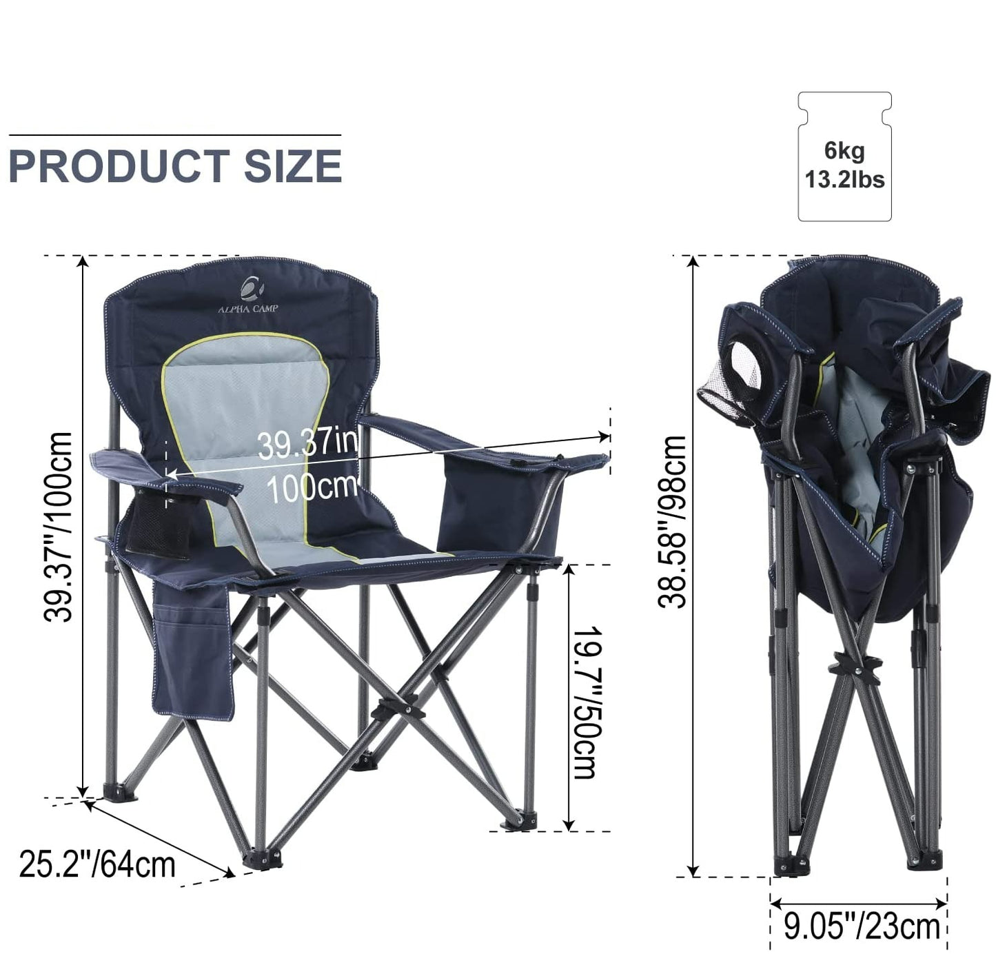 ALPHA CAMP Oversized Portable Folding Camping Chair with Cooler Bag, 200 kg Weight Capacity
