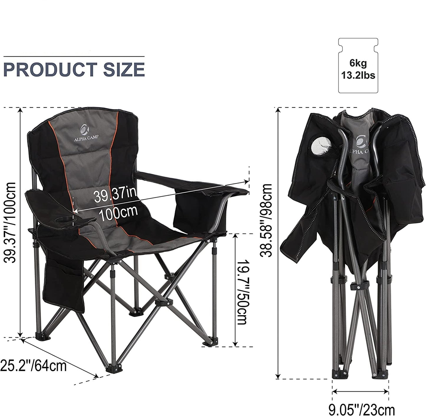 ALPHA CAMP Oversized Portable Folding Camping Chair with Cooler Bag, 200 kg Weight Capacity