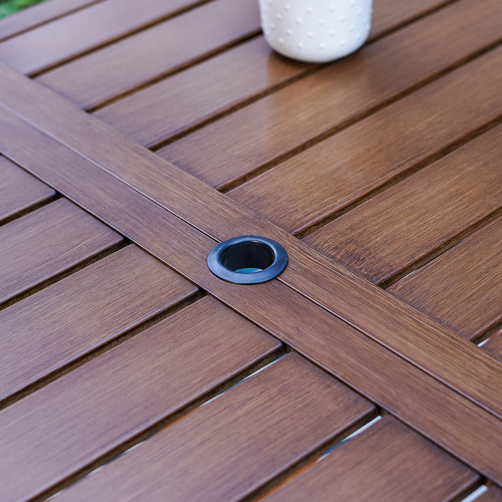 Garden Dining Set 6 Seater Teak-Grain Garden Table And Rattan Chairs