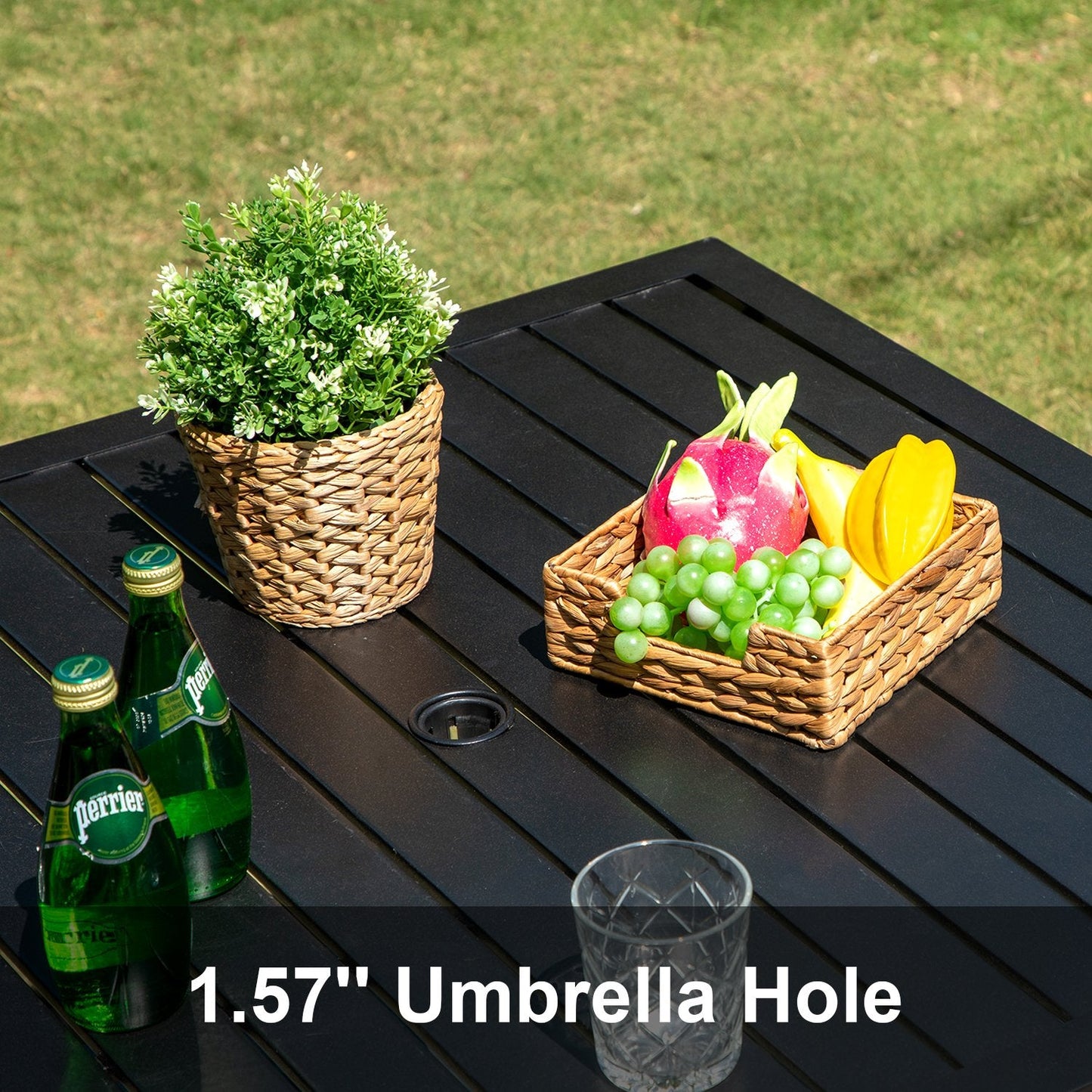 Phi Villa 37" Metal Steel Slat Patio Table with Umbrella Hole