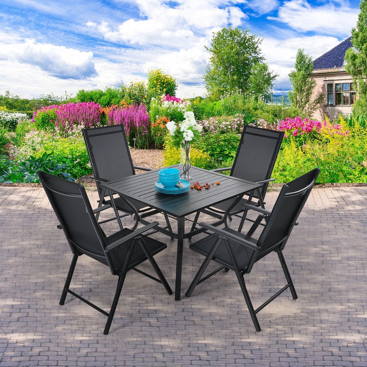 PHI VILLA Garden Dining Set 4 Seater Outdoor Folding Chair and Table