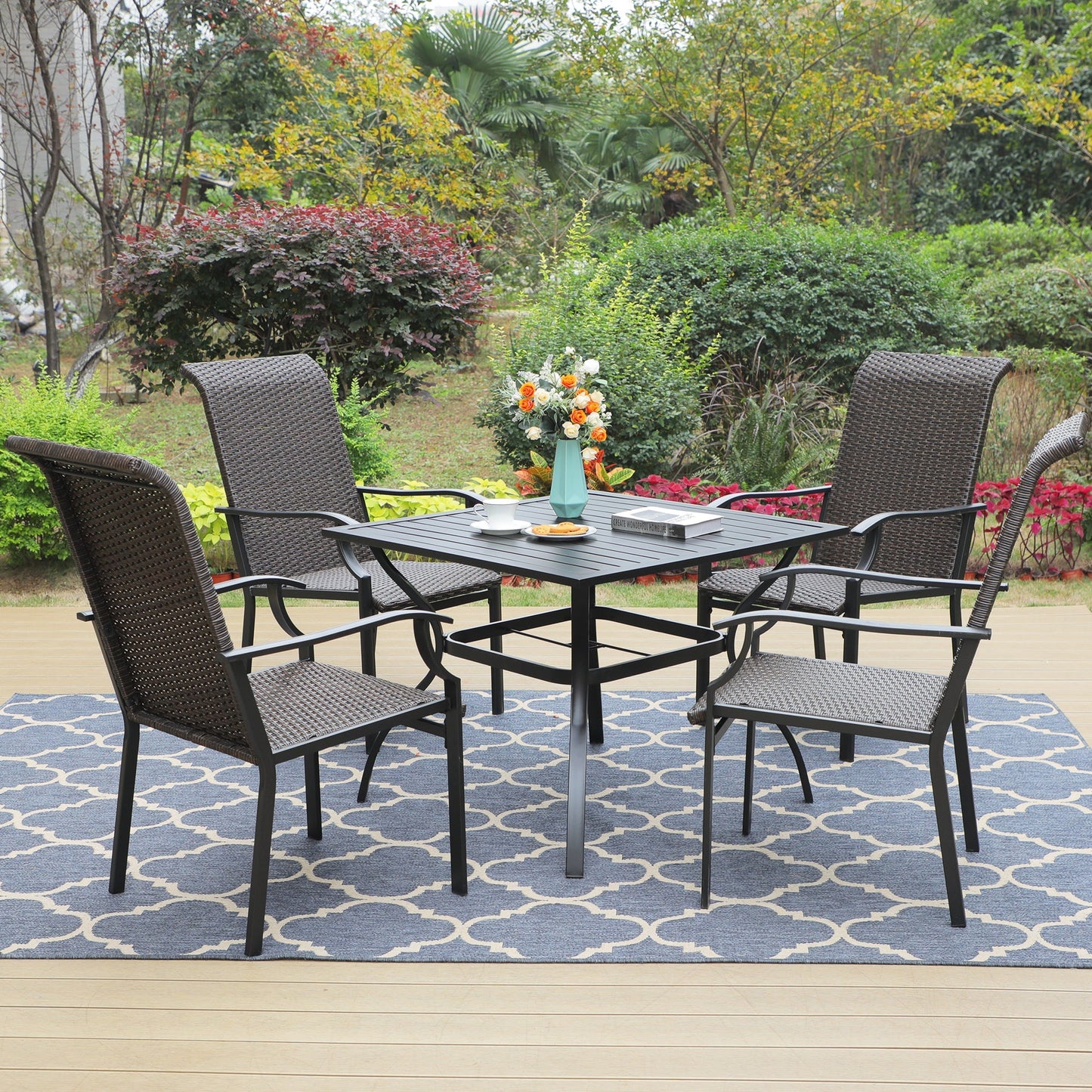 4 Seater Outdoor Dining Set Metal Table And Rattan Chairs