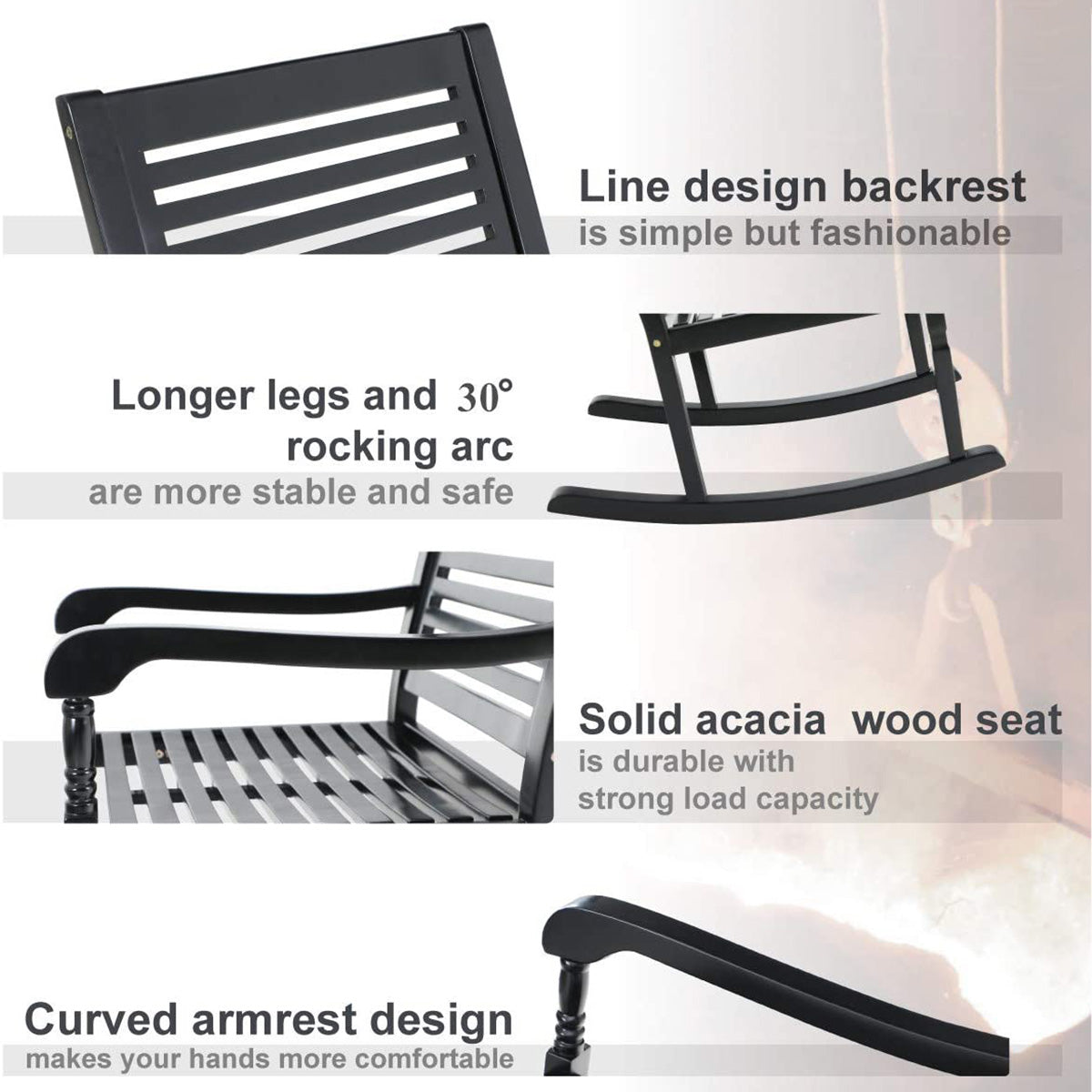 PHI VILLA Outdoor Acacia Wood Rocking Chair for Garden and Indoor