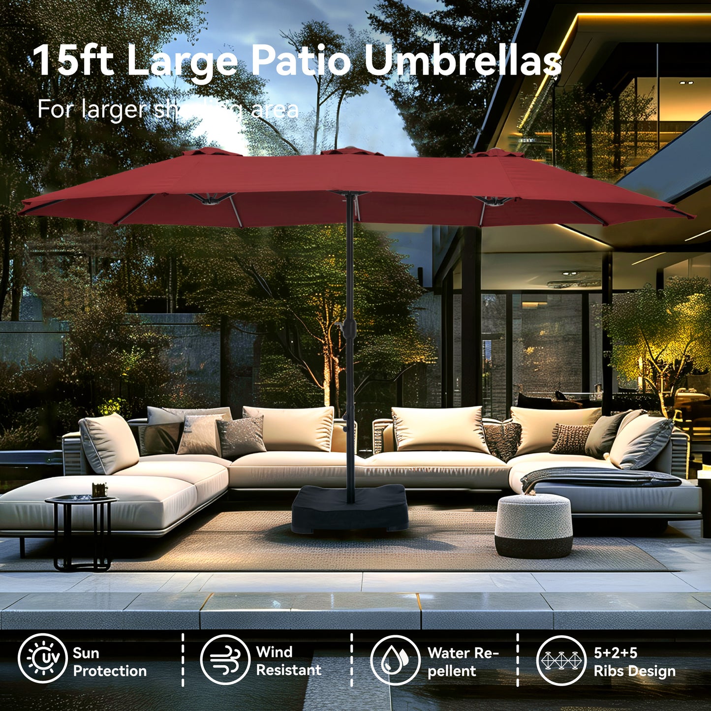 PHI VILLA 4.6m Double-Sided Extra Large Patio Twin Umbrella (Base Included)