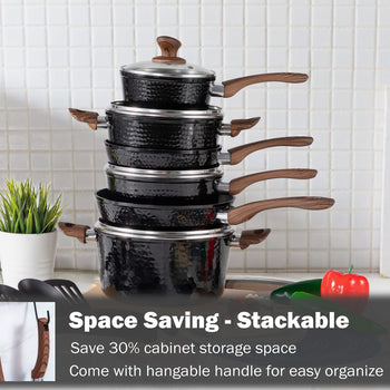 Kitchen Academy 15 Pieces Black Hammered Finish Nonstick Pots and Pans Set