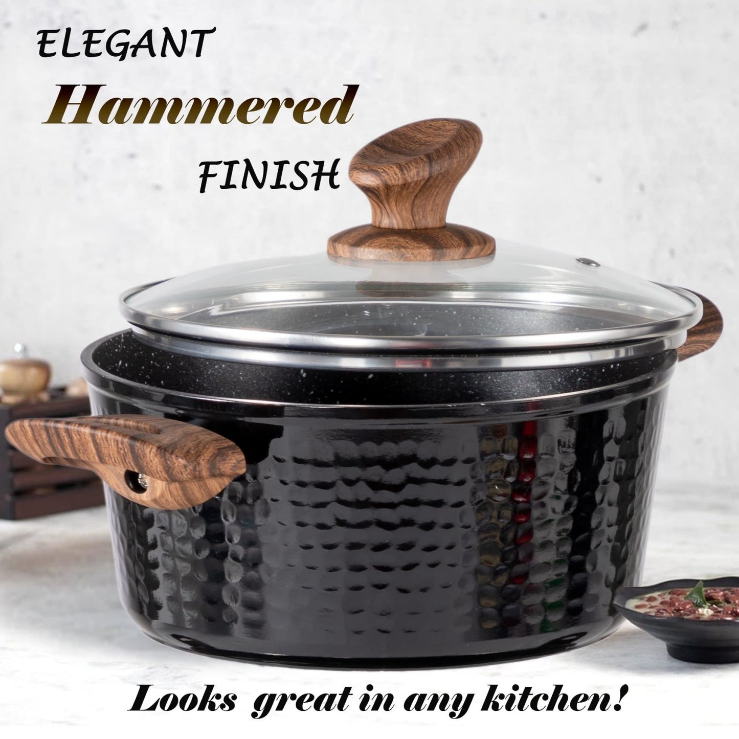 Kitchen Academy 15 Pieces Black Hammered Finish Nonstick Pots and Pans Set