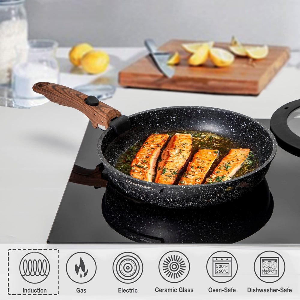 Kitchen Academy Granite-Coating 8 Pieces Nonstick Pots and Pans Set with Removable Handle