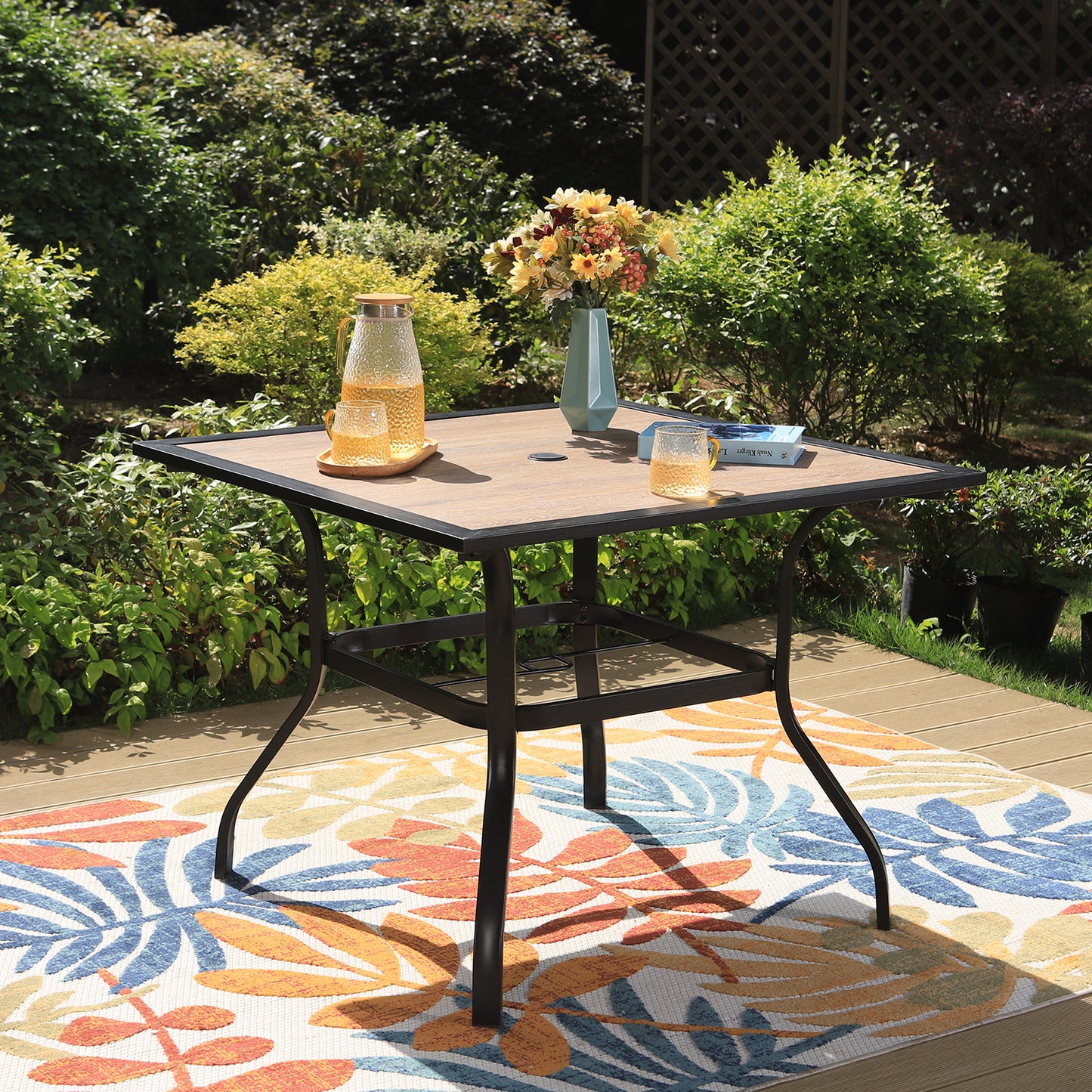 Wood-Look Outdoor Dining Table Square Patio Table With Umbrella Hole