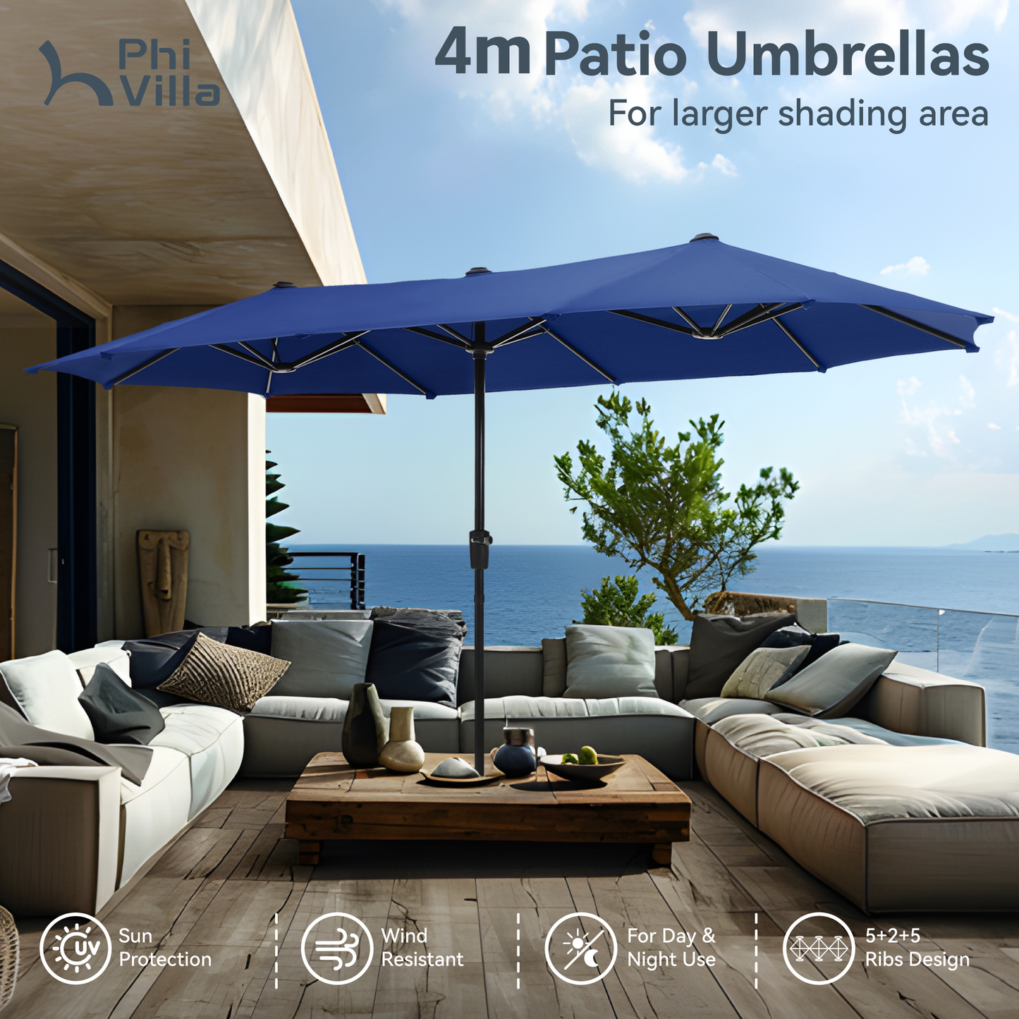 PHI VILLA 4m Large Double-Sided Outdoor Patio Umbrella