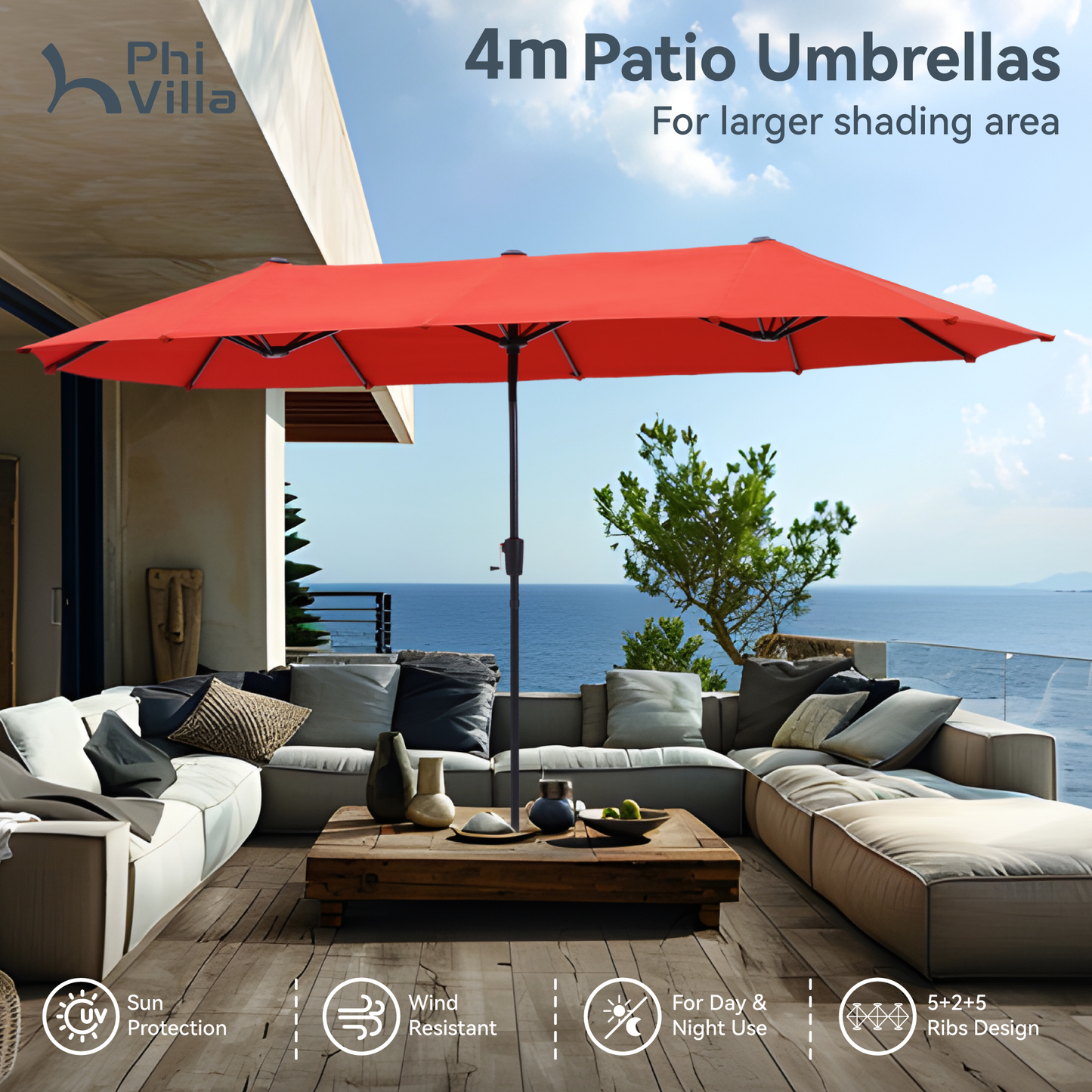 PHI VILLA 4m Large Double-Sided Outdoor Patio Umbrella
