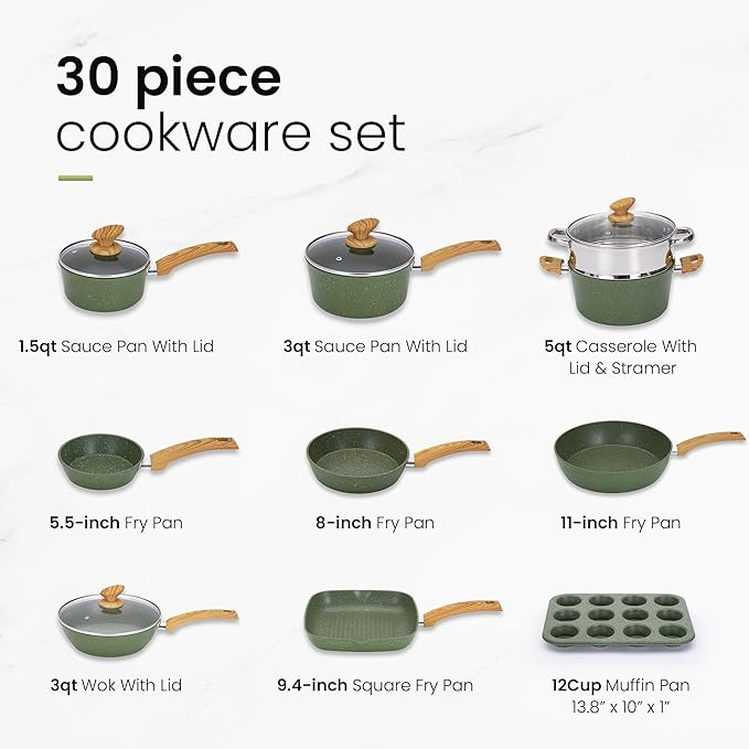 Ultimate 30 Pieces Granite-Coating Nonstick Induction Cookware Set for Easy Dinner Ideas