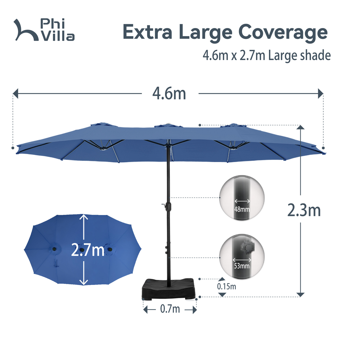 PHI VILLA 4.6m Double-Sided Extra Large Patio Twin Umbrella (Base Included)