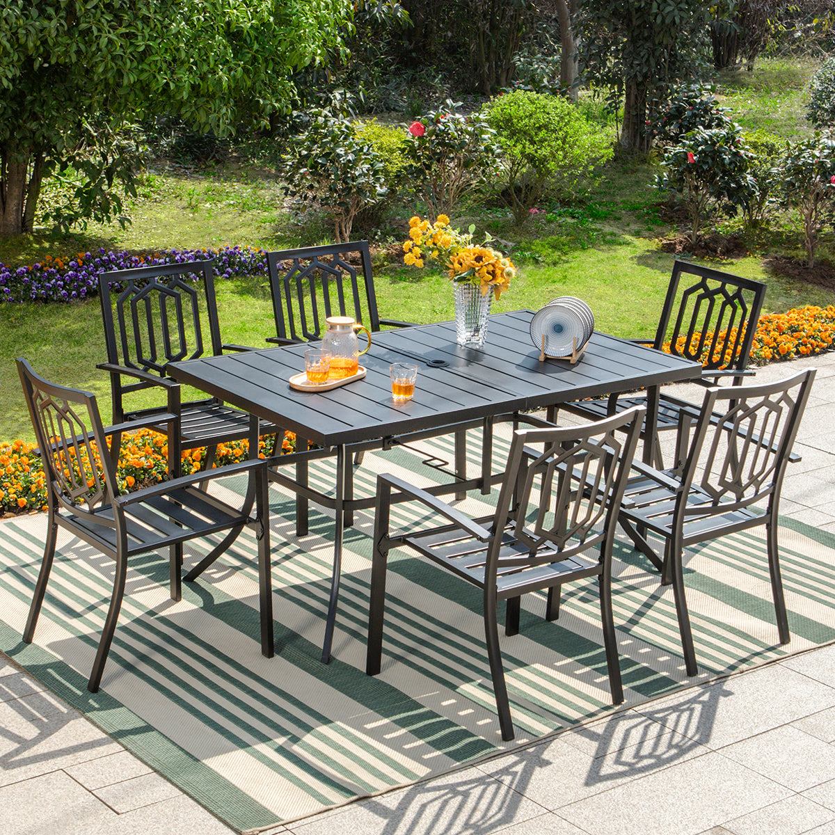 Garden Dining Set 6 Seater Metal Outdoor Dining Table And Stackable Chairs