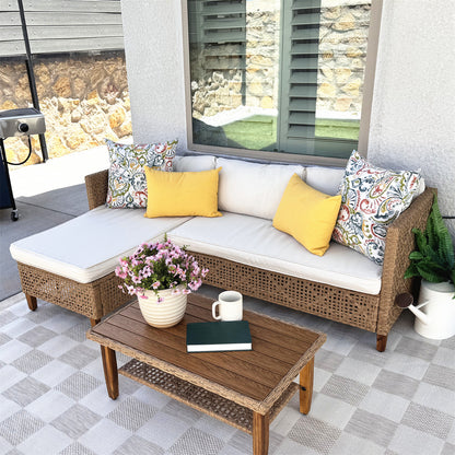 Boho Style Outdoor Wicker Conversation Sofa set with Acacia Wood Coffee Table - Phi Villa