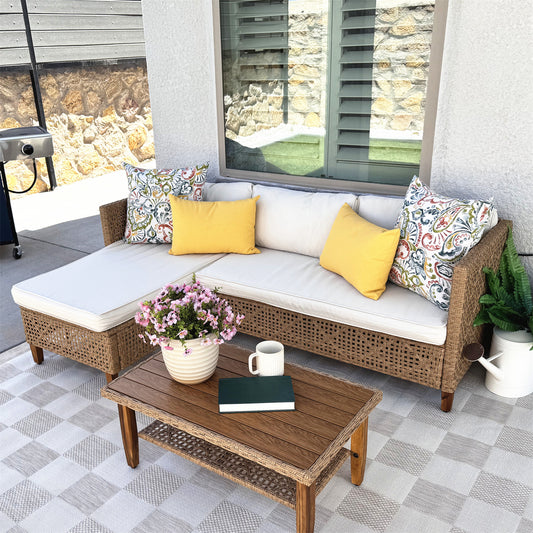 Boho Style Outdoor Wicker Conversation Sofa set with Acacia Wood Coffee Table - Phi Villa