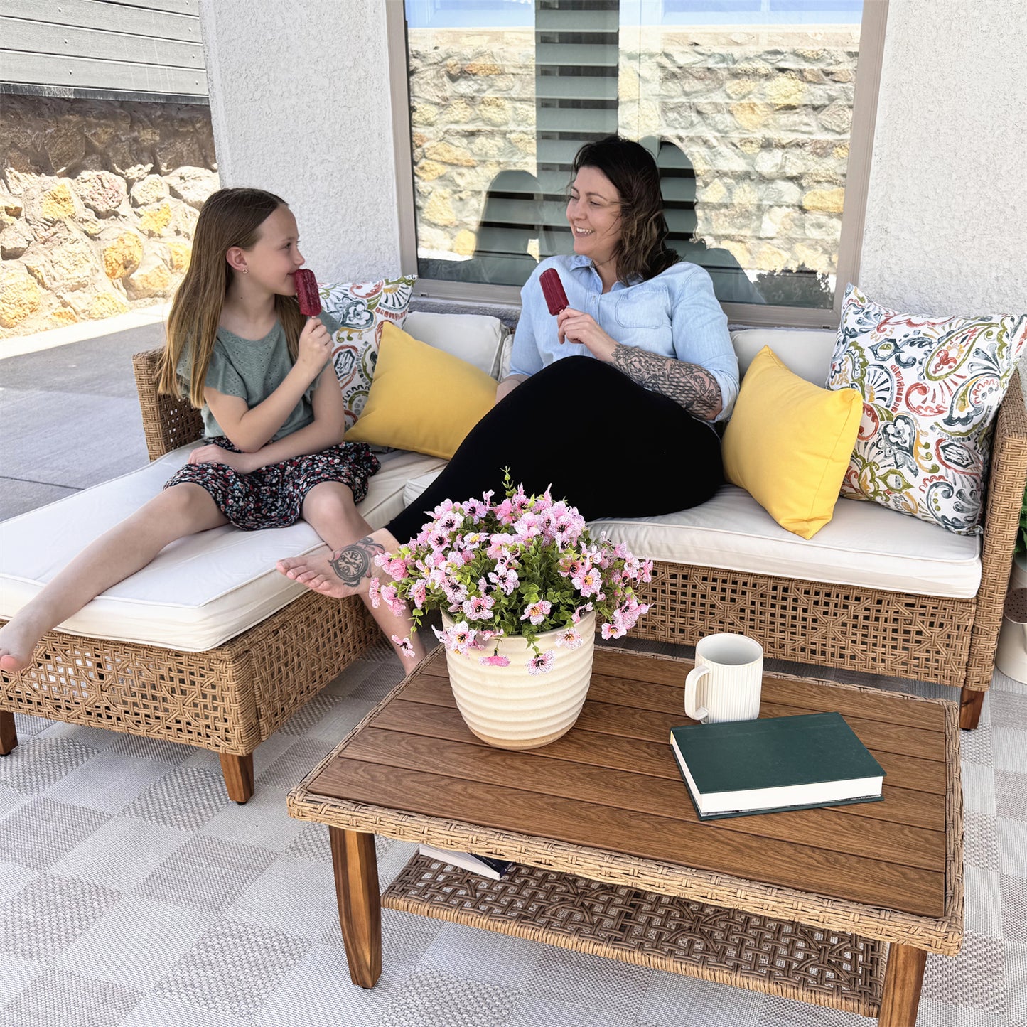 Boho Style Outdoor Wicker Conversation Sofa set with Acacia Wood Coffee Table - Phi Villa
