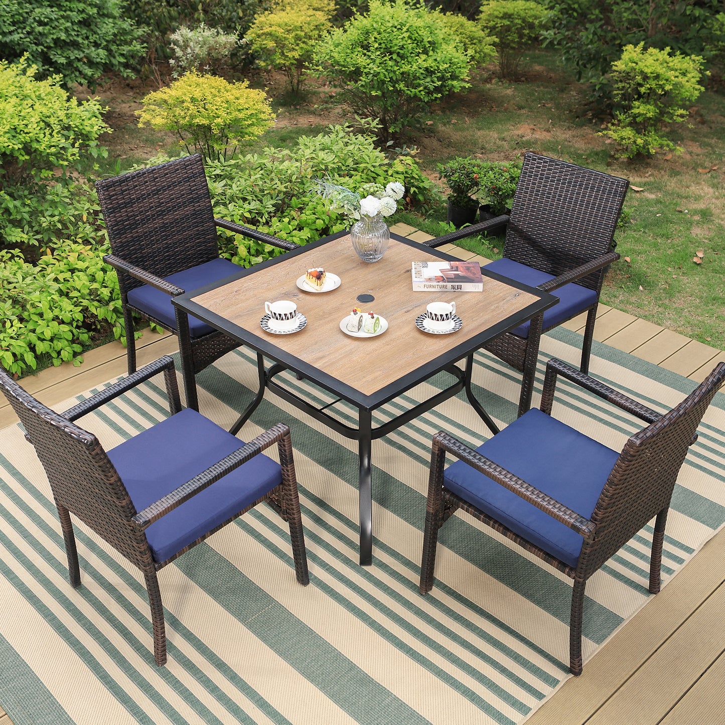 Garden Dining Set 4 Seater Wood-like Table And Rattan Chairs