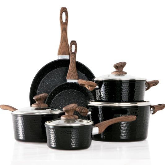 Kitchen Academy 15 Pieces Black Hammered Finish Nonstick Pots and Pans Set