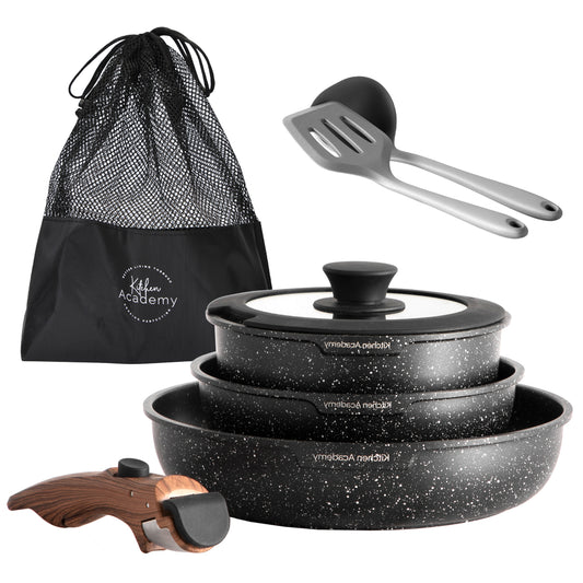 Kitchen Academy Granite-Coating 8 Pieces Nonstick Pots and Pans Set with Removable Handle